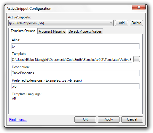 Template Options tab of the ActiveSnippet Configuration dialog for the tp alias