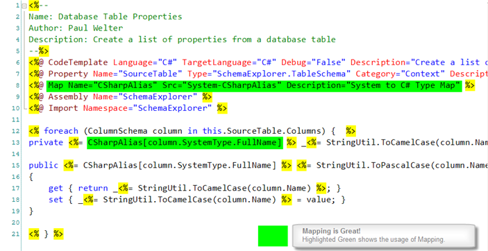 Template with the Map directive and a CSharpAlias map lookup highlighted in green