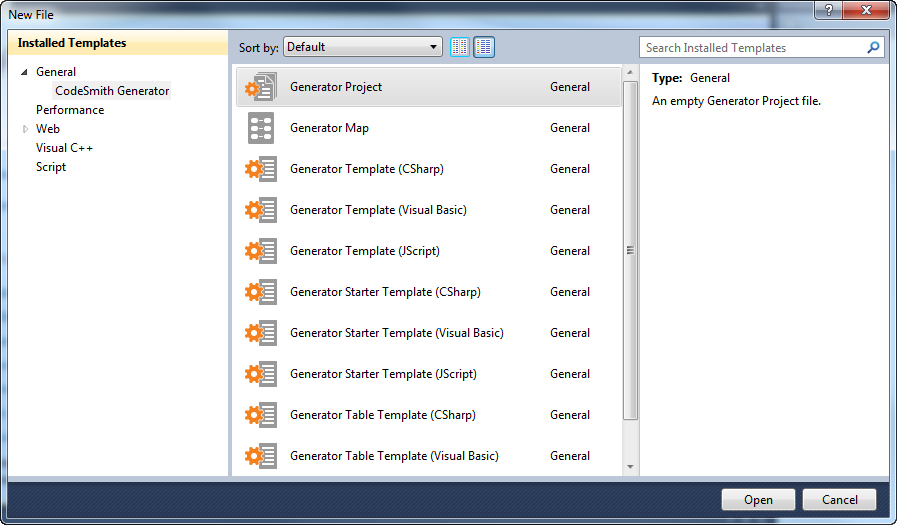 New item dialog showing the CodeSmith Generator item templates, with Generator Project selected