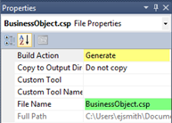 Properties window for BusinessObject.csp with Build Action set to Generate