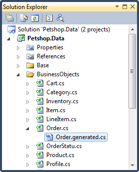 Solution Explorer showing Order.generated.cs nested under Order.cs