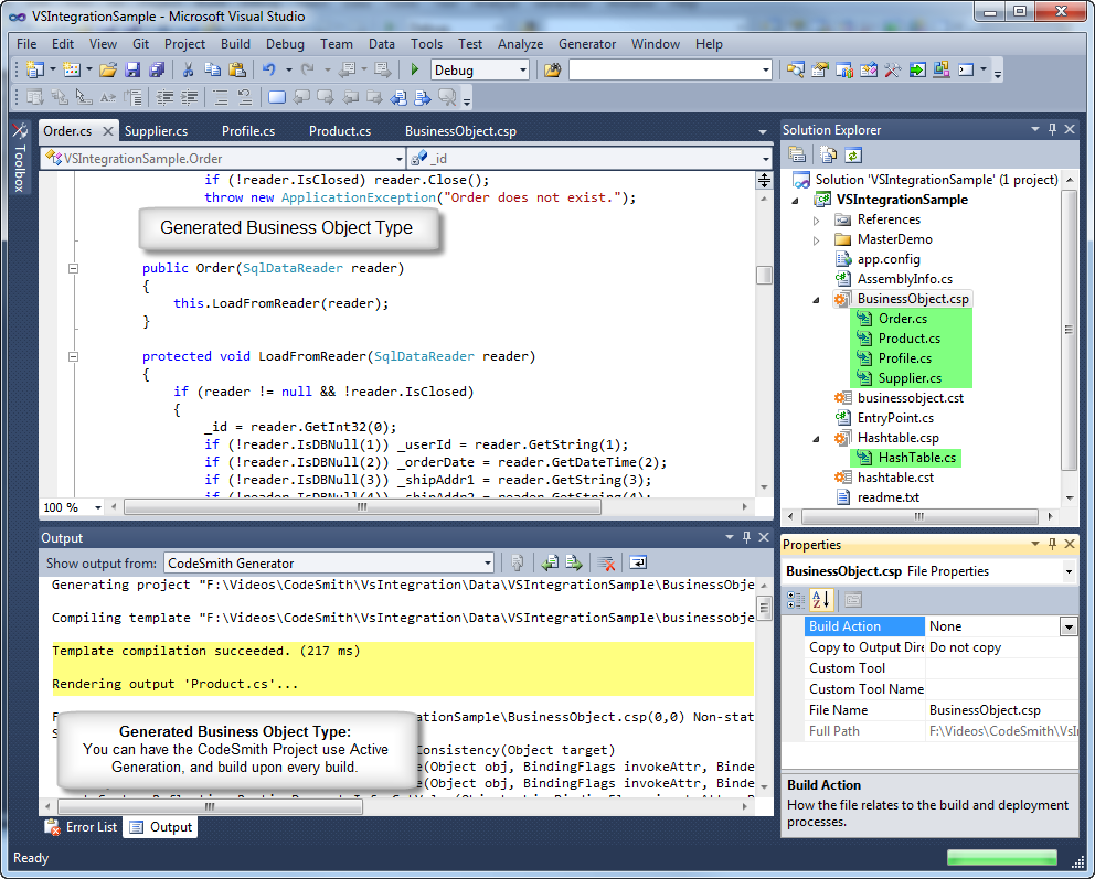 Visual Studio with generated business object classes in Solution Explorer and generation messages in the Output window