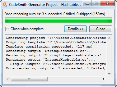 Generation progress window reporting three outputs rendered successfully