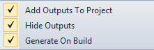 Output Options submenu with Add Outputs To Project, Hide Outputs and Generate On Build checked