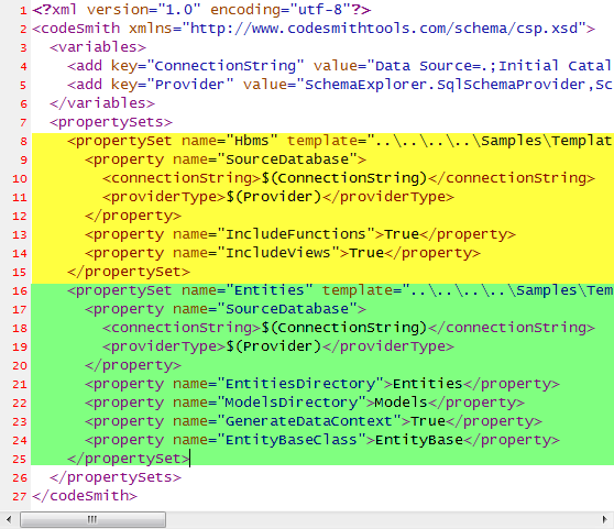 Project file with two propertySet elements highlighted in yellow and green