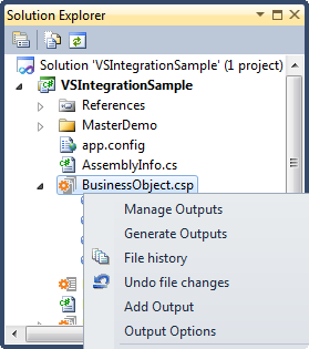 Solution Explorer context menu for BusinessObject.csp with Manage Outputs, Generate Outputs, Add Output and Output Options
