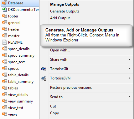 File Explorer context menu for a project file with Manage Outputs, Generate Outputs and Add Output