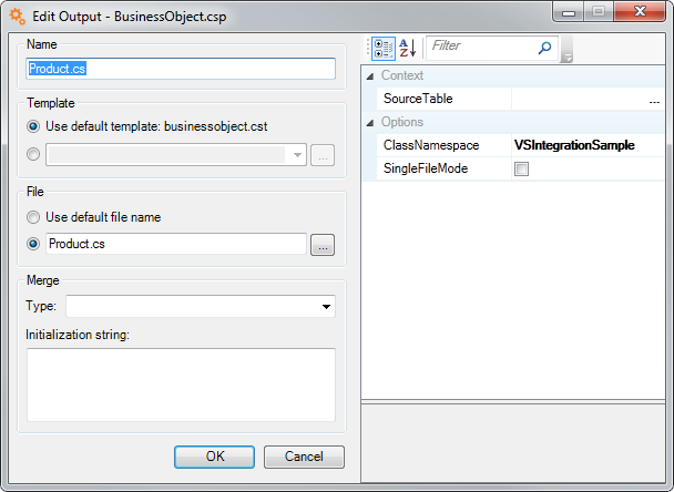 Edit Output dialog showing the template, file, merge and property settings for an output