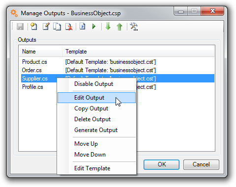 Manage Outputs dialog with the context menu open on an output