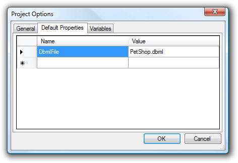 Default Properties tab of Project Options, with DbmlFile set to PetShop.dbml