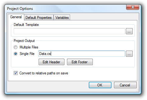 General tab of Project Options, with Single File output selected