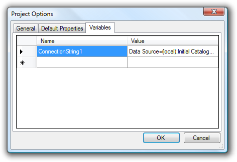 Variables tab of Project Options, defining ConnectionString1