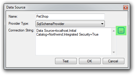 Data Source dialog with a name, provider and connection string filled in