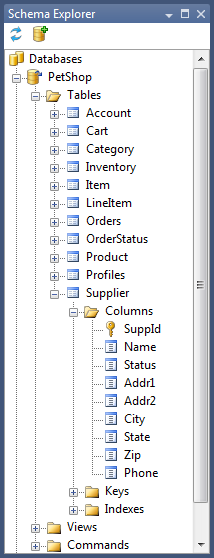 Schema Explorer showing the tables of the PetShop database, with the Supplier table's columns expanded