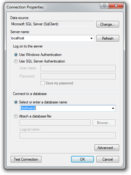 SQL Server Connection Properties dialog connecting to the Northwind database