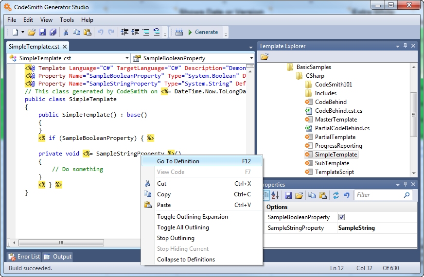 Template Editor with a template open and the editor context menu showing Go To Definition and outlining commands