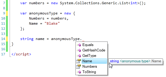 Completion list for an anonymous type, showing its Name and Numbers properties