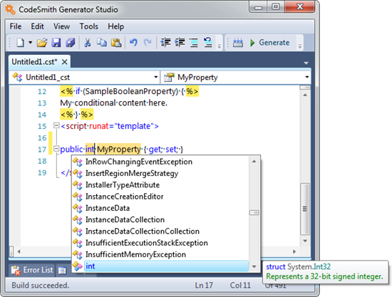 Inserted property snippet with its type and name fields highlighted, and the completion list open for the type