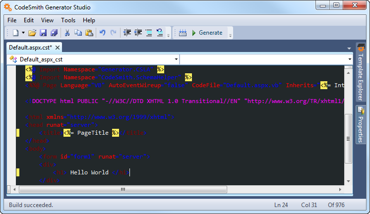 Template Editor using a dark color scheme