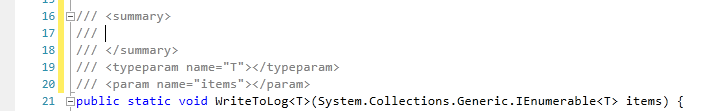 Documentation comment stub with summary, typeparam and param tags above WriteToLog