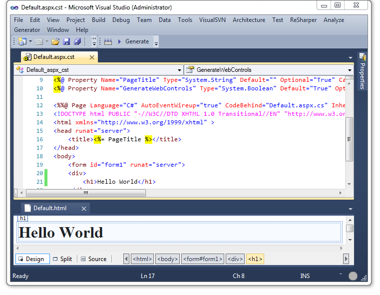 A template and its generated HTML page, shown in the HTML designer