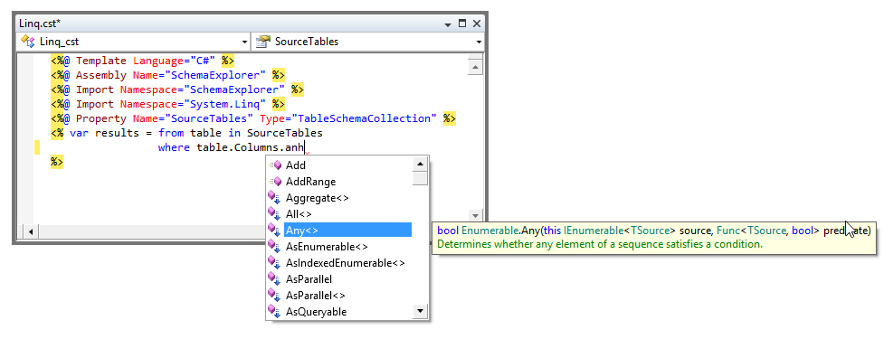 Completion list showing the Enumerable extension methods on Columns