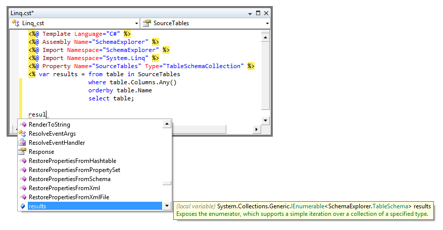 Quick info showing results as IEnumerable of TableSchema