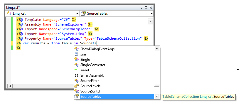 Completion for SourceTables at the start of a LINQ query