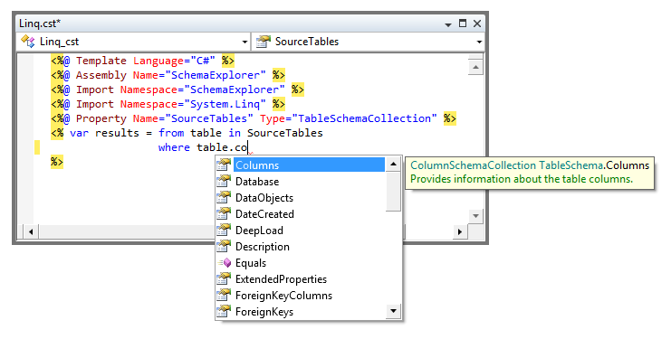 Completion list for the table range variable in a where clause, with Columns selected