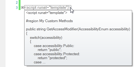 Collapsed script block with a tooltip previewing its code