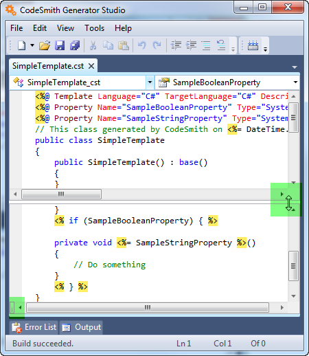 Template document split into two panes, with the splitter handles highlighted in green