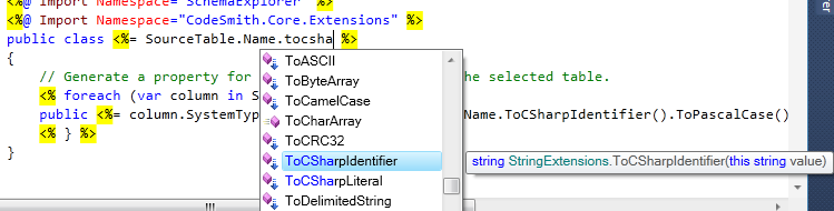 Completion list of string extension methods, with ToCSharpIdentifier selected