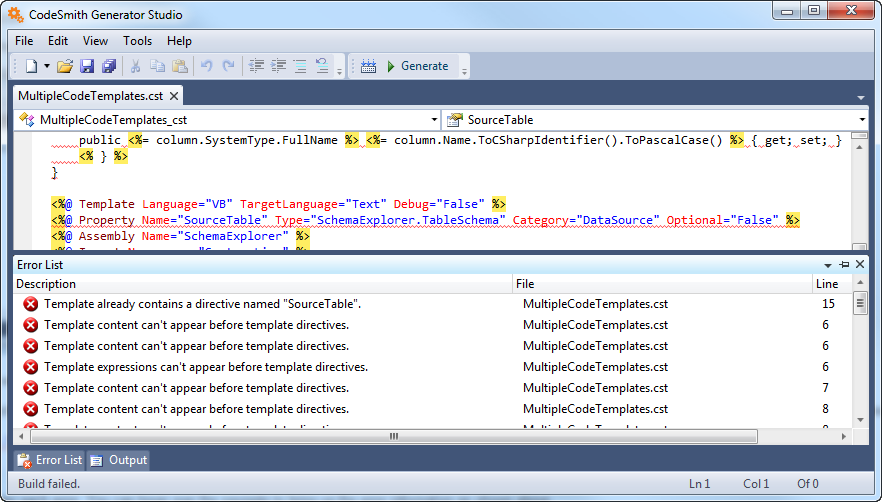 Error List showing errors for the MultipleCodeTemplates.cst template