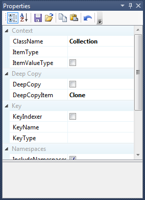 Properties window listing a template's properties by category