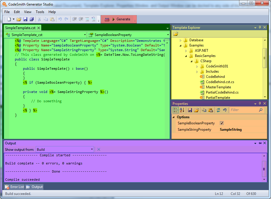 Template Editor with the toolbar in red, the template document in green, Template Explorer in yellow, the Properties window in orange and the Output window in purple