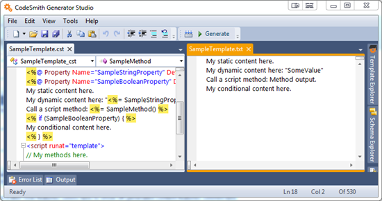 A template document on the left and its generated document on the right, each with its own tab